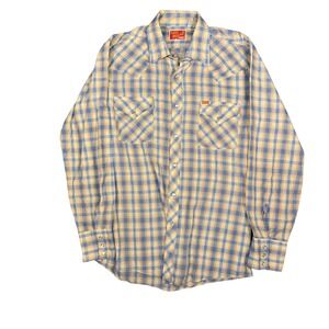 Vintage‎ Mens Ely Plains Western Plaid Pearl Snap Long Sleeve Shirt Tan Blue